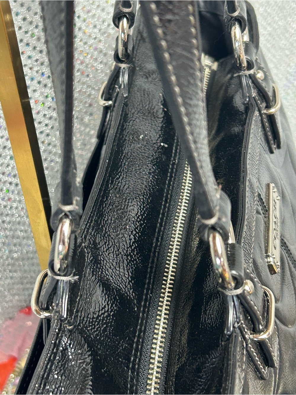 COACH Gallery Black Patent Leather Signature Tote Approx. 15.5 x 10 x 4.5 - Picture 9 of 17